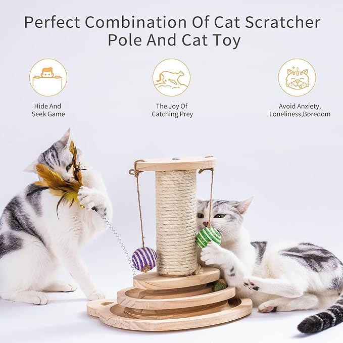 MEWOOFUN Cat Toy 2-Layer Turntable Cat Ball Toy with Feather,Kitten Toys Interactive Cat Toy with Eight Interactive Balls and Two Sisal Dangling Balls (Large)-Mewly Pet