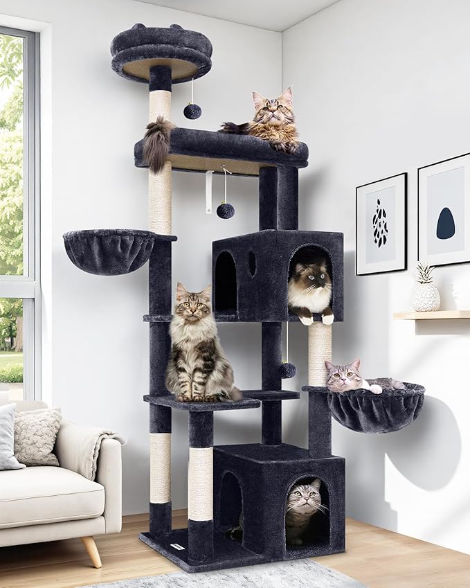 Globlazer Heavy Duty Cat Tree Tower, 73in Tall Cat Tree for Indoor Cats Large Adult, Cat Condo for Large Cats with 5 Scratching Posts, 2 Cat Caves, 2 Padded Perches, 2 Hanging Baskets, F73, Dark Gray-Mewly Pet