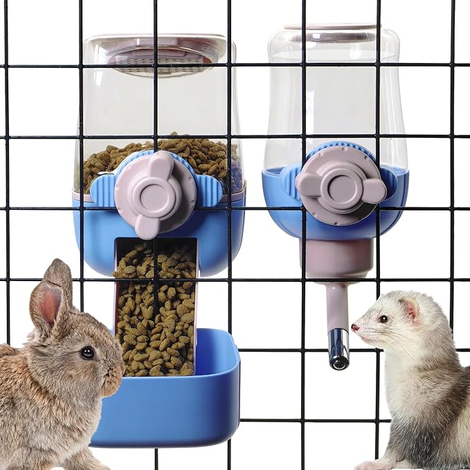 kathson Automatic Rabbit Feeder and Waterer Set, Gravity Pet Food Water Dispenser Bunny Pellet Feeder Small Animal Feeding & Watering Supplies for Guinea Pig Ferret Crate Accessories (Blue)-Mewly Pet