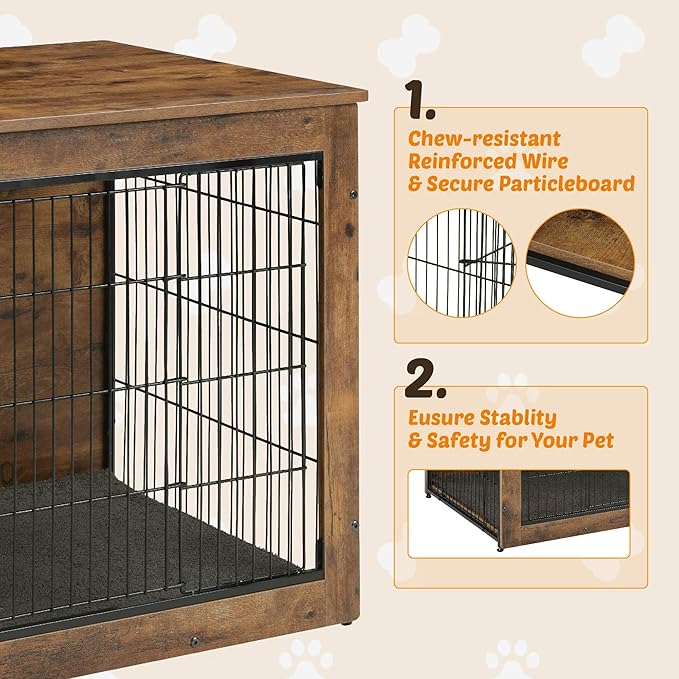 Dog Kennel Furniture, Wooden Dog Crate End Table with Dual Doors, Chew-Proof Design & Cushion, Heavy Duty Dog Crate, Decorative Pet Crate Dog Cage for Indoor (27 Inch)-Mewly Pet