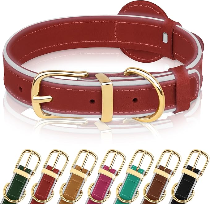 OOPSDOGGY Reflective Geniune Leather Airtag Dog Collar Soft Padded Collars for Small Medium Large Breed Dogs Puppy, 4 Sizes, 7 Colors (Red, Medium, 12"-15")-Mewly Pet