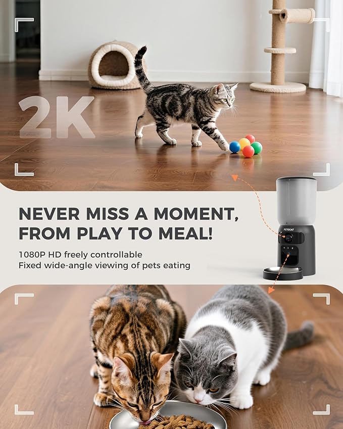 AI Cat Feeder with Dual Cameras (1 Adjustable), 2K HD Night Vision, 5G/2.4G WiFi, 6L Automatic Pet Feeder with APP Control, Laser Interactive Toy, Two-Way Audio & Scheduled Feeding-Mewly Pet