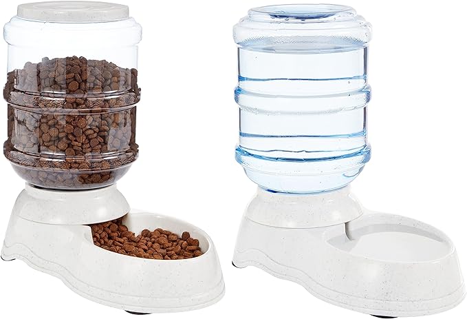 Amazon Basics Automatic Dog Cat Water Dispenser Gravity Feeder Set, Pack of 2, Small, 6-Pound Food Capacity, 1-Gallon, Gray-Mewly Pet