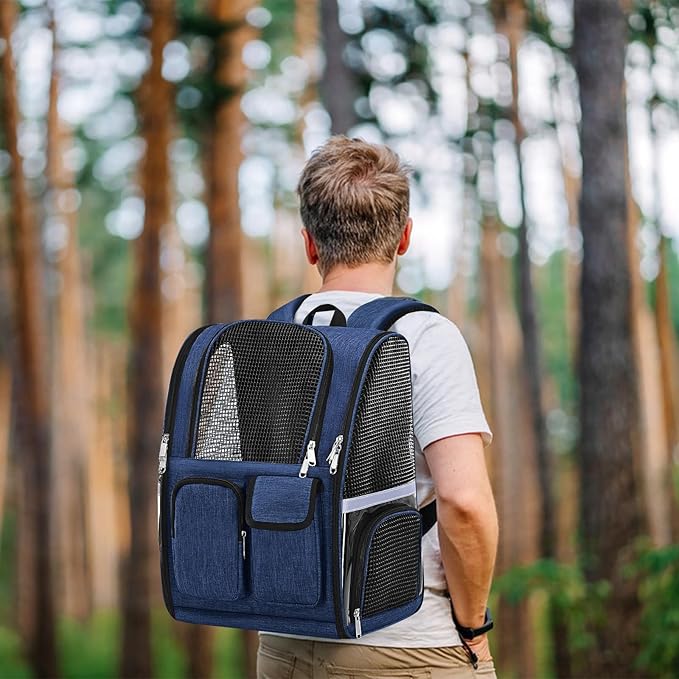 Pet Backpack, Airline Approved Dog Backpack, Cat Bag for Travel Hiking Bike Riding Walking Outdoor, Cat Backpack with Breathable Mesh(Blue)-Mewly Pet