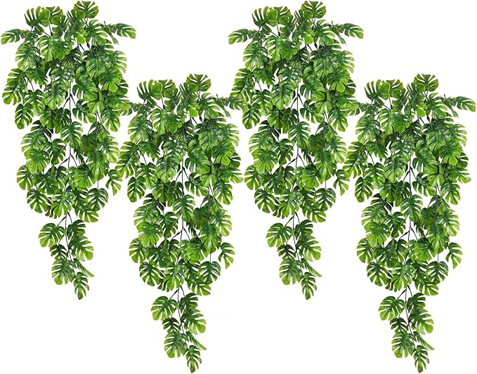 RECUTMS Artificial Hanging Plants 4Pcs, Fake Monstera Leaves Ivy Vine Faux Greenery UV Resistant Tropical Palm Leaf Swag Plant for Garden Home Jungle Hawaiian Luau Party Outdoor Indoor Spring Décor