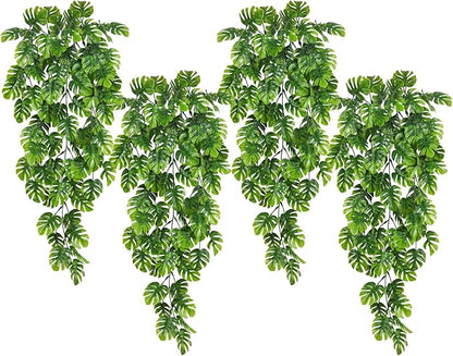 RECUTMS Artificial Hanging Plants 4Pcs, Fake Monstera Leaves Ivy Vine Faux Greenery UV Resistant Tropical Palm Leaf Swag Plant for Garden Home Jungle Hawaiian Luau Party Outdoor Indoor Spring Décor