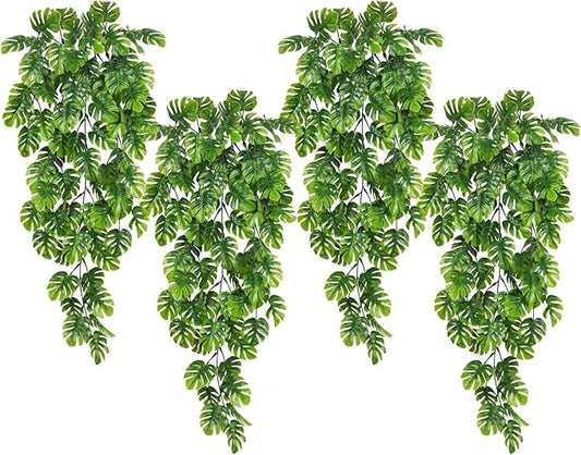 RECUTMS Artificial Hanging Plants 4Pcs, Fake Monstera Leaves Ivy Vine Faux Greenery UV Resistant Tropical Palm Leaf Swag Plant for Garden Home Jungle Hawaiian Luau Party Outdoor Indoor Spring Décor