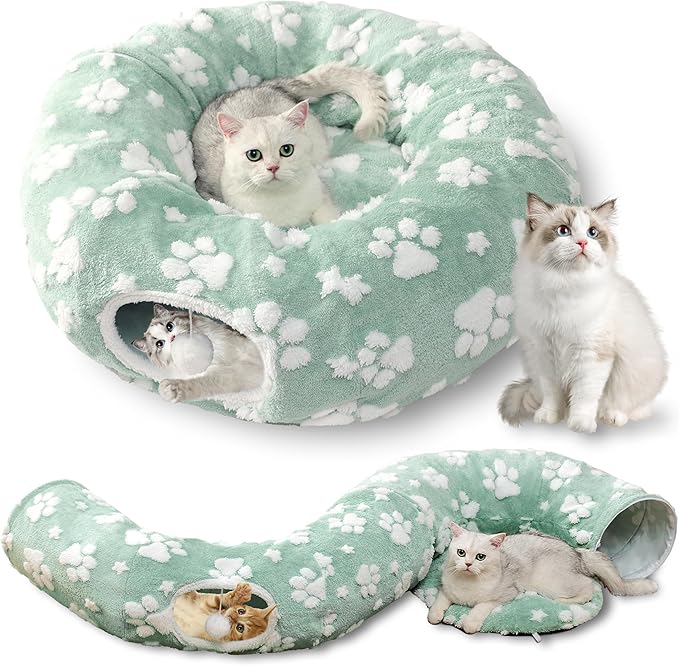 Cat Tunnel for Indoor Cats, Cute Peekaboo Cave with Dangling Balls, Pet Donut Tunnel Bed with Circle Mat for Puppy Kitten Rabbit, Green-Mewly Pet