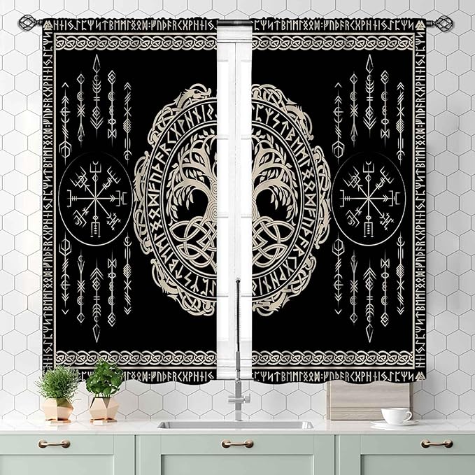 Viking Curtains, Nordic Tree of Life Celtic Rune Scandinavian Gothic Norse Mythology Aesthetic Retro Drapery for Bedroom Living Room Bathroom Window 2 Panel Set, 55x39 Inch
