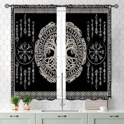 Viking Curtains, Nordic Tree of Life Celtic Rune Scandinavian Gothic Norse Mythology Aesthetic Retro Drapery for Bedroom Living Room Bathroom Window 2 Panel Set, 55x39 Inch