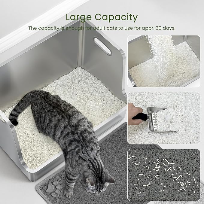 One-Piece Stainless Steel Litter Box, 14.5" High-Side XL Metal Cat Litter Box, Extra Wide Entry Pet Toilet, Cat Litter Station with Wheels, Easy to Move, Non-Stick, No Odor, for Big or Multiple Cats-Mewly Pet