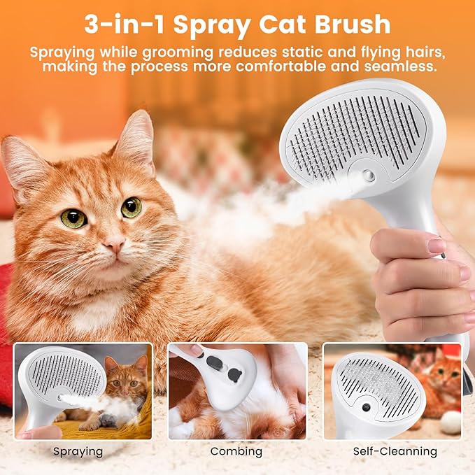 3 In 1 Cat Brush, Anti-Static Dog Brush One-click Self-cleaning Comb for Furry Pet, Rechargeable USB Cat Steam Brush for Shedding, Horse and Dog-Mewly Pet