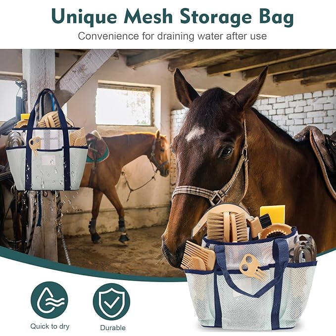 Horse Grooming Kit for Bathing, 13Pcs Horse-Brush Set with Mesh Bag, Shower Brushes, Braiding and Curry Comb, Sweat Scraper, Hoof Pick, Shedding Massaging Tool Supplies for Riders Beginners-Mewly Pet