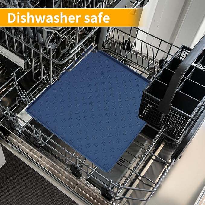 Ptlom Pet Placemat for Dog and Cat, Waterproof Non-Slip Silicone Feeding Bowl Mat Prevent Food and Water Overflow, Puppy Dish Feeder Fountain Trays Suitable for Medium and Small Pets, Navy Blue-Mewly Pet