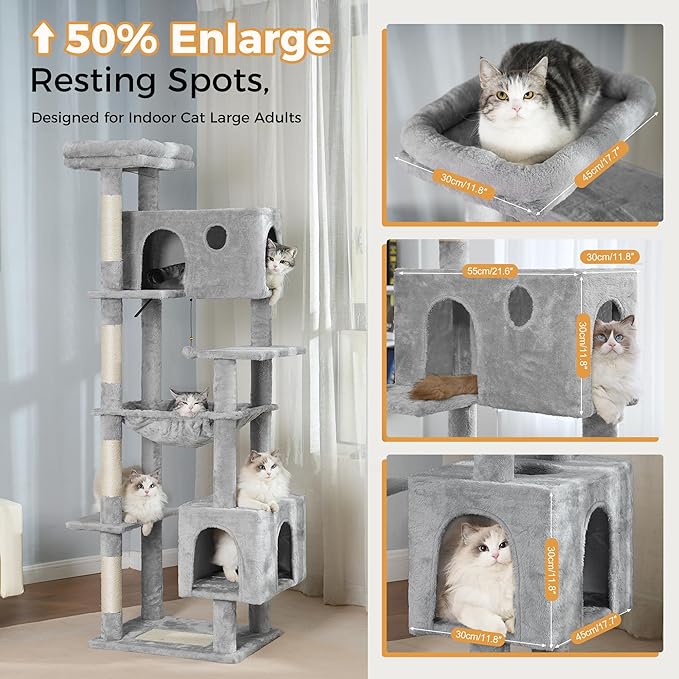 72” Cat Tree for Large Cats Big Cat Tower with Enlarged Hammock 21.6x17.7” Spacious Cats Condo House and Roomy Top Bed and Multiple Scratch Posts for Indoor Adult Cats (Grey, XLarge-72)-Mewly Pet