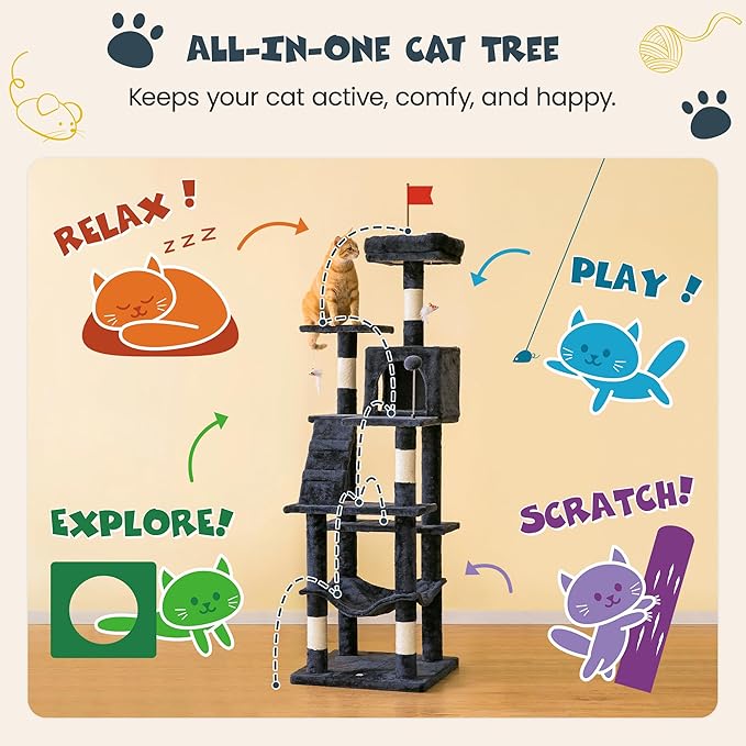 MWPO 63.8 inches Multi-Level Cat Tree for Large Cats with Sisal-Covered Scratching Posts, Padded Platform, Hammock and Condo,Stable Cat Tower Cat Condo Pet Play House-Smoky Gray-Mewly Pet