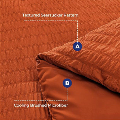 HYMOKEGE Burnt Orange Full Size Comforter Sets Seersucker 7 Pieces, All Season Luxury Bed in a Bag for Bedroom, Bedding Set with Comforters, Sheets, Pillowcases & Shams