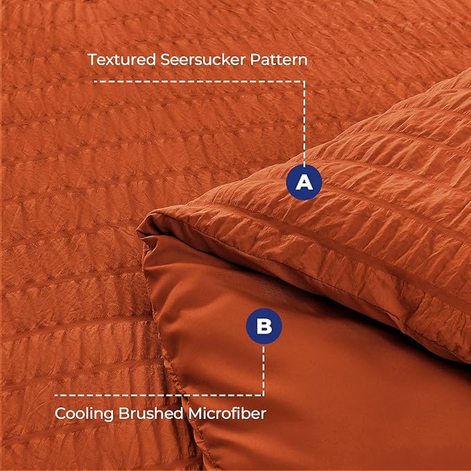 HYMOKEGE Burnt Orange Queen Comforter Set Seersucker 7 Pieces, All Season Luxury Bed in a Bag for Bedroom, Bedding Set with Comforters, Sheets, Pillowcases & Shams