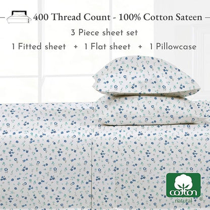 California Design Den Printed Twin XL Sheet Sets - 400 Thread Count Sateen, Natural 100% Cotton Sheets, Deep Pockets, Cooling and Durable Bedding Set - Blooming Meadows