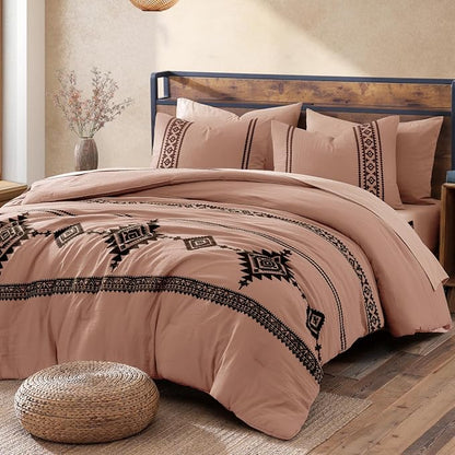 MaiRêve Embroidery King Size Comforter Set Dusty Pink, Boho Farmhouse Western Bedding Set 7 Pieces, All Season Bed in A Bag Comforter Set with Sheets, Pillowcases & Shams