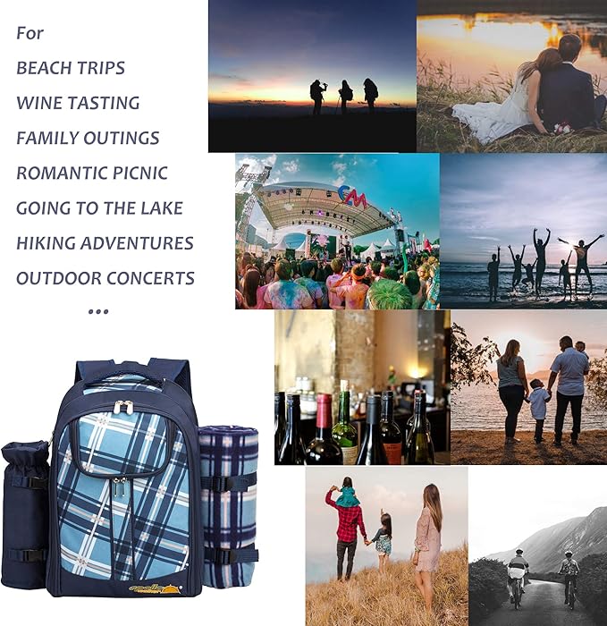 Apollo walker Picnic Backpack Set for 4 with Cooler Compartment,Detachable Bottle/Wine Holder Including Large Picnic Blanket(45"x 53") for Picnic Family and Lovers Gifts,Outdoor,BBQ Time (Blue)-Mewly Pet