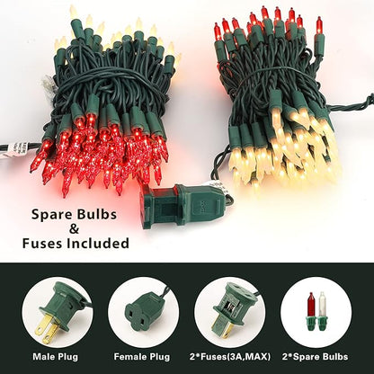 ODEETRONIC Red & White Christmas Lights, 21.63ft 100 Count Incandescent Green Wire Christmas String Lights, Connectable UL Certified Xmas Fairy Tree Light, Outdoor/Indoor Mini Light for Wedding Party