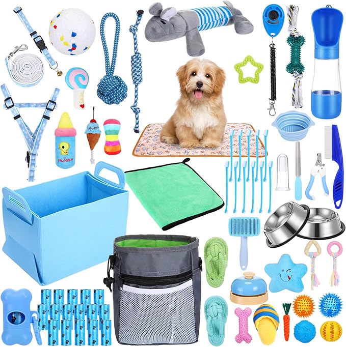 65 Pcs Puppy Supplies Starter Kit Small Dog Essentials Includes Dog Leash, Toys, Bowl, Brushes, Water Bottles, pet Blankets Puppy Accessories for New Welcome Gift Supplies(Cool,Blue)-Mewly Pet
