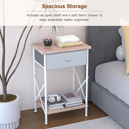 VECELO Nightstand with Drawer, Small Bedside Table with Storage and Adjustable Metal Legs, Wood End Table for Bedroom or Living Room, Perfect for Small Spaces and Modern Farmhouse Décor, Light Brown