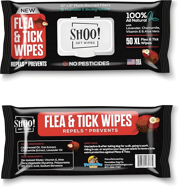 Shoo! Flea & Tick Wipes for Dogs | Convenient, Easy On-The-Go Protection | Plant Based, Natural Oils, Chemical Free | Repels & Prevents | 50 XL Wipes (2 Pack) | Original -Lavender-Mewly Pet