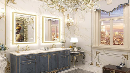 TETOTE Gold LED Bathroom Mirror with Lights 28x36 Frontlit & Backlit Vanity Framed Mirror Baroque Anti Fog Stepless Dimmable White/Warm/Natural,CRI90+,Waterproof,Wall Mounted(Horizontal/Vertical)