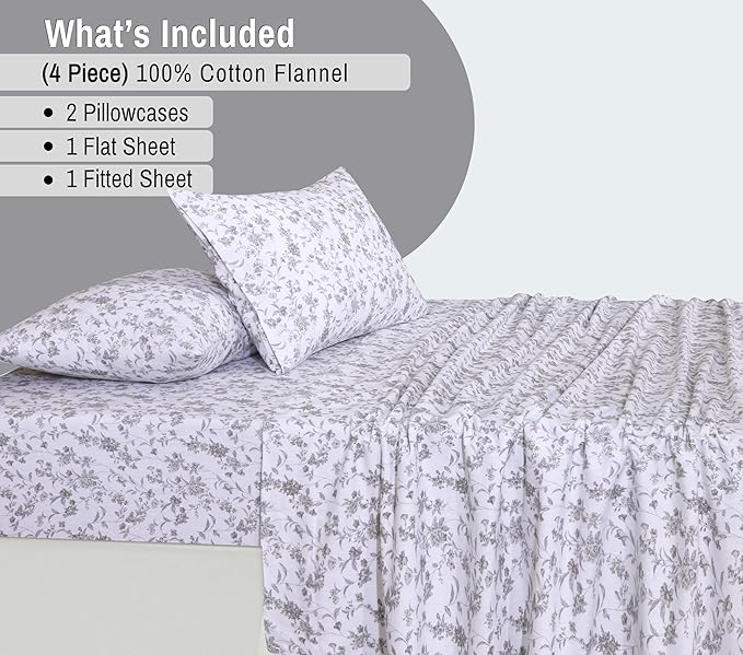 RUVANTI Flannel Sheets Full Size - 100% Cotton Double Brushed Bed Sheets Set, Deep Pockets 16 Inches, All Seasons Breathable & Extra Soft Full Sheets, Warm & Cozy, 4 Piece, Vintage Flora