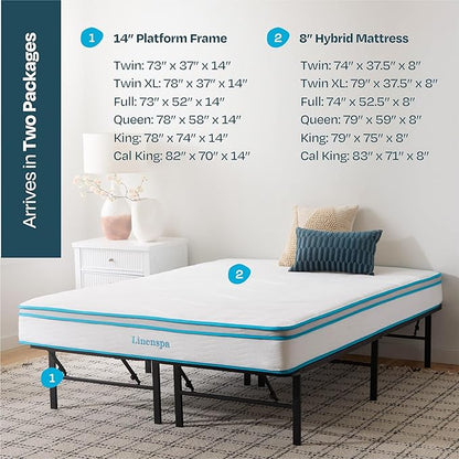 Linenspa 8” Memory Foam and Innerspring Hybrid Mattress + 14” Black Metal Platform Bedframe – Twin XL Mattress + Metal Folding Twin XL Bedframe