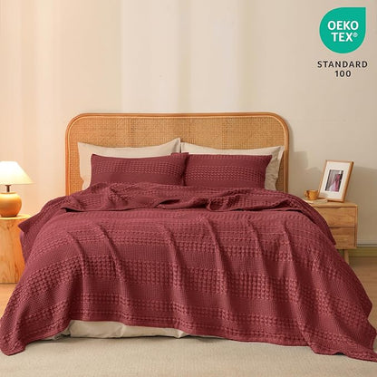 PHF 100% Cotton Waffle Weave Blanket Twin Size for Bed, Soft Lightweight & Breathable, All-Season Comfort, Luxury Aesthetic Woven Bedding for Home Decor, 66"x90", Wine Red