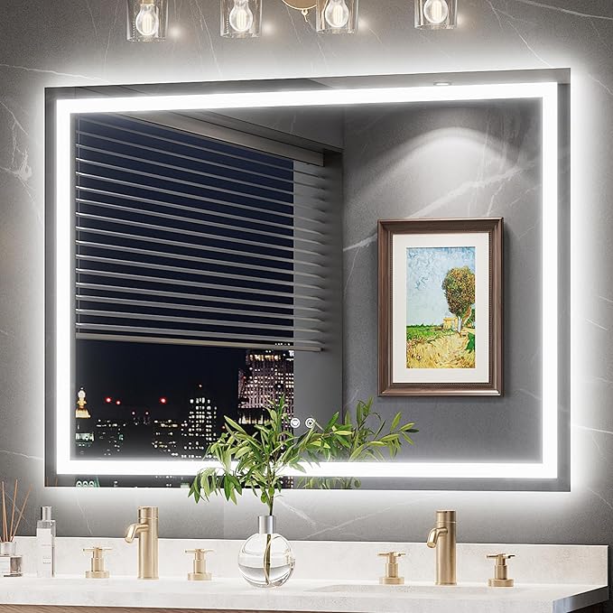 TokeShimi 48x36 Lighted Mirrors for Bathroom Wall,Front Lit + Backlit LED Mirror for Bathroom,Stepless Dimmale 3 Colors,Anti-Fog,Tempered Glass,Memory Function,Waterproof,UL Listed