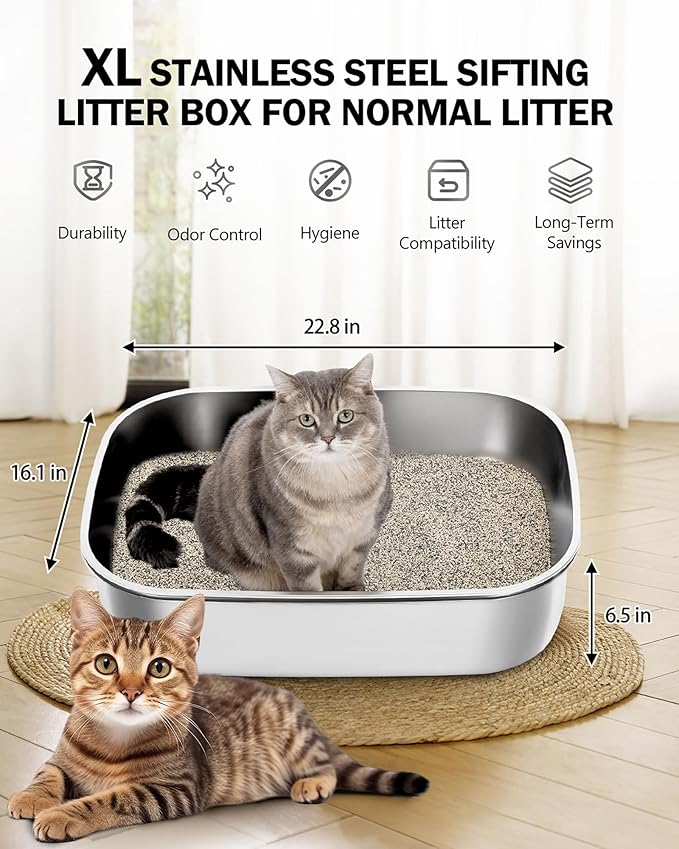 Stainless Steel Sifting Litter Box with Lid, Metal Litter Pan with Scoop for Big Cats Multi Cat, Extra Large Cats Litterbox Odor Control Easy Clean-Mewly Pet