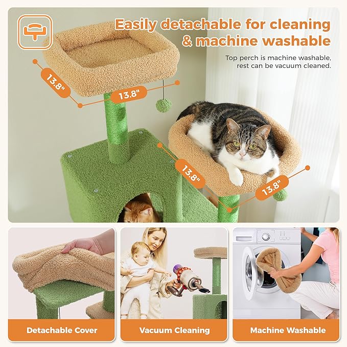 PAWZ Road 70 Inch Cat Tower, Cactus Cat Tree with 2 Cozy Condos, 2 Plush Perch, Large Basket, 2 Scraching Pad & 6 Scraching Posts for Indoor Cats Large Adult-Mewly Pet