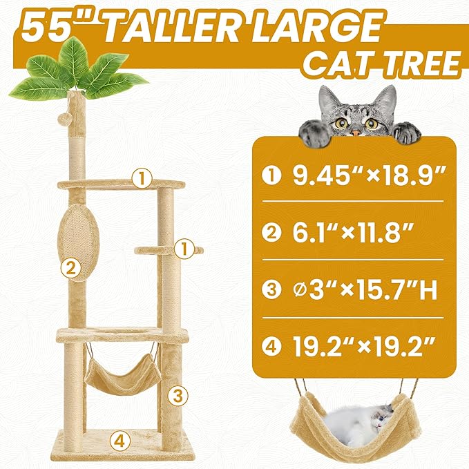 55 Inch Large Cat Tree Tower for Indoor Cats with Hammock Green Leaves Sisal Scratching Post, Plush Hang Ball Play Furniture for Kittens & Adult Cats, New Beige-Mewly Pet