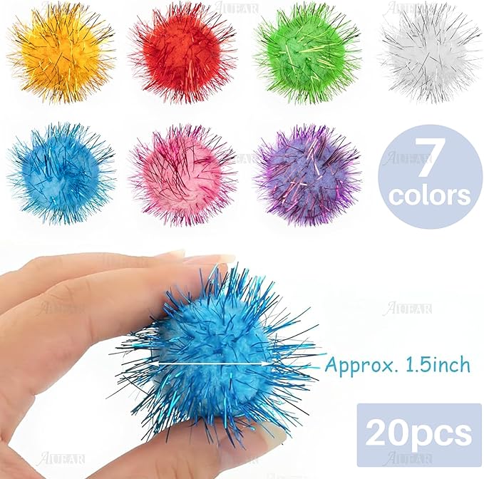 AUEAR, 20 Pack Sparkle Balls 1.5 Inches Tinsel Poms for Cats Pets Assorted Colors-Mewly Pet