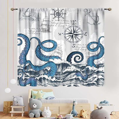 Nautical Curtains, Coastal Old Pirate Map Sailboat Compass Anchor Vintage Ocean Kraken Octopus Tentacles Blue Marine Window Drapery Treatment for Bedroom Living Room Kitchen Bathroom, 84"x63" Inch