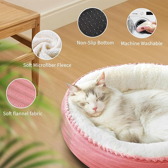 23in Pink Round Cat Dog Bed for Large Medium Small Dogs Cats, Machine Washable Sleeping Sofa, Non-Slip Bottom Breathable Soft Calming Pet Cuddler for Indoor/Outdoor/Car/Cage-Mewly Pet
