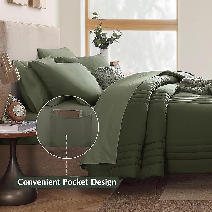 Monbix King Size Comforter Set - 7 Pieces Bed in a Bag King, Olive Green Bedding Sets with Comforter, All Seasons Down Alternative Comforter Bed Set with Sheets, Pillowcases & Shams