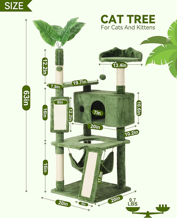 Hoopet 63IN Cat Tree Tower for Indoor Cats Large Adult, Cat Scratching Posts Featuring with Scratching Boards, Wide Plush Perch and Interactive Dangling Balls Ideal for Multi-Cat Households-Mewly Pet