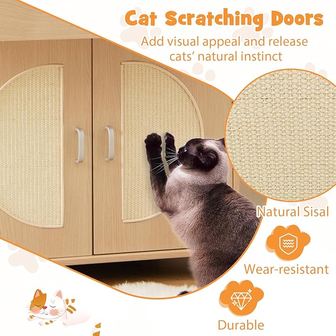 Tangkula Litter Box Enclosure, Hidden Cat Washroom with Drawer, Sisal Scratching Doors, Adjustable Metal Feet, Modern Cat Litter Cabinet Storage Bench, Double Enclosed Litter Box Furniture-Mewly Pet