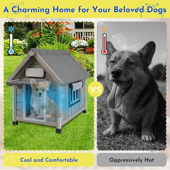 Outdoor Dog House Weatherproof Large Wooden Dog Kennel Indoor for Small Dogs with Chew-Proof Frame, Oxford Fabric Window, Removable Floor Pet Shelter (Grey, 18.1" D x 25.2" W x 24" H)-Mewly Pet