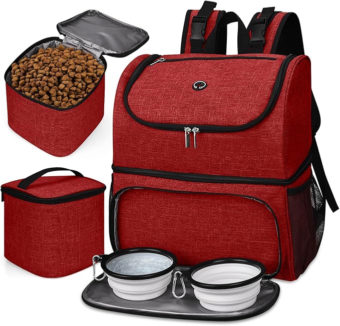 BAGLHER Pet Travel Bag, Double-Layer Pet Supplies Backpack (for All Pet Travel Supplies), Pet Travel Backpack with 2 Silicone Collapsible Bowls and 2 Food Baskets Red-Mewly Pet