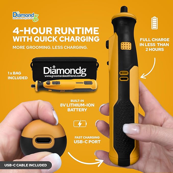 Diamondg Cordless Dog Nail Grinder with Quiet Sound & LED Tip for Large & Small Dogs, 4hrs. Runtime - Electric Dog Nail Trimmer, Heavy Duty Rotary Tool Alternative to Toenail Clippers & Filers-Mewly Pet