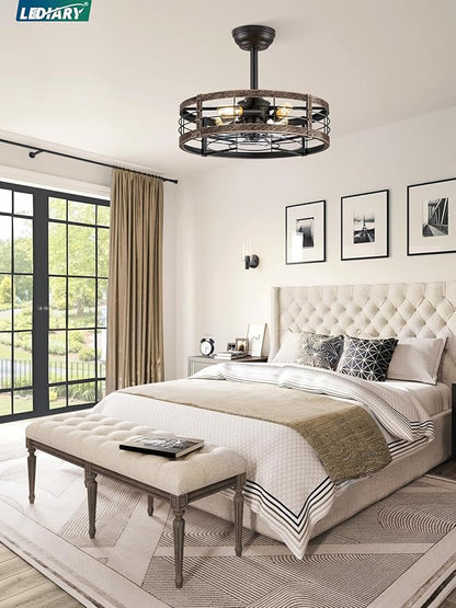 LEDIARY 20 Inch Fandelier Caged Ceiling Fan with Light, Bladeless Ceiling Fan with Remote, Small Farmhouse Fan Lights Ceiling Fixtures for Kitchen, Bedroom-Black and Gold