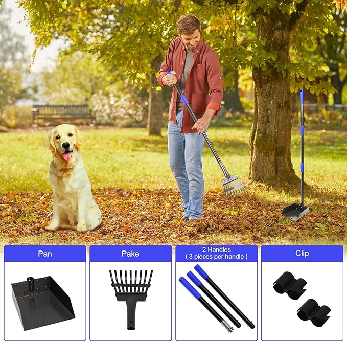 Pooper Scooper, Dog Pooper Scooper Tray and Rake Set with Adjustable Stainless Steel Long Handle for Large Medium Small Dogs (Blue)-Mewly Pet