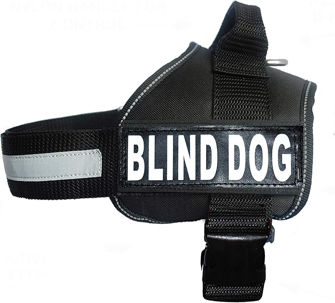 Doggie Stylz Blind Dog Vest Harness with Removable Patches and Reflective Trim. Comes with 2 Blind Dog Reflective Hook and Loop Patches. Measure Dogs Girth Before Purchase (Girth 30”- 42" Black)-Mewly Pet