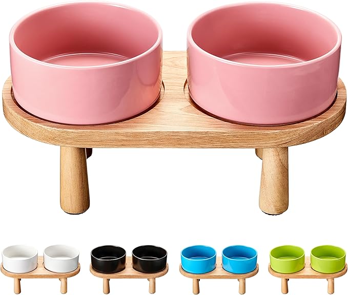 Ceramic Elevated Dog Bowls, Pet Food and Water Bowl Set for Medium and Small Dogs, 3.5 Cups Dog Bowls Raised with Wood Stand, 29OZ, Pink-Mewly Pet